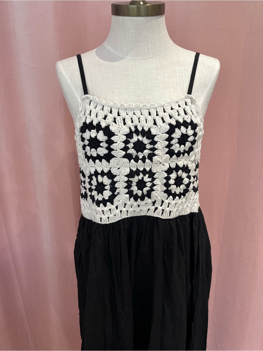 Black & Cream Granny Square Crochet Maxi Dress 100% Cotton Size M - Picture 2 of 7